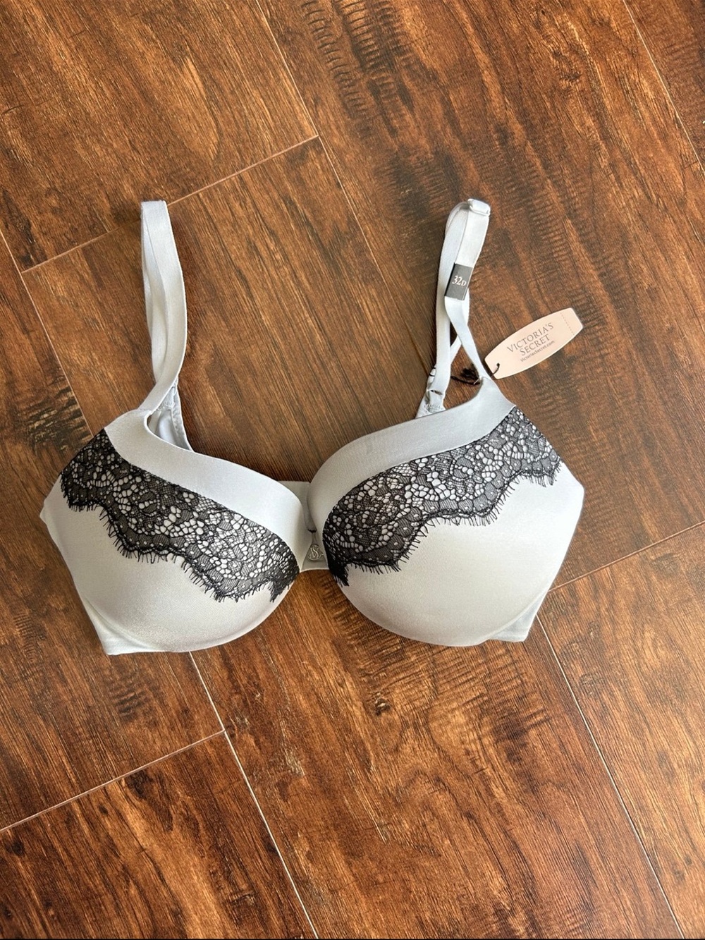 Victoria's Secret Gray Bra with Black Lace Trim Push Up 32D